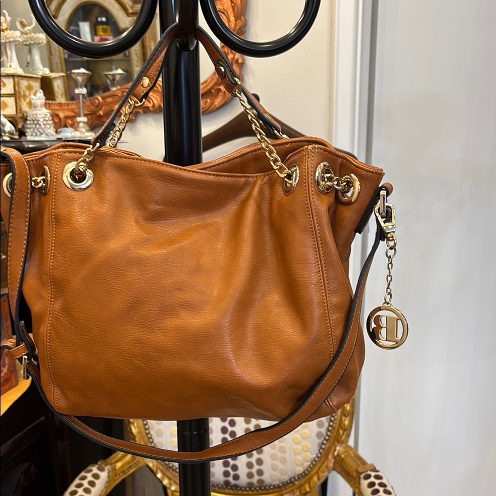 Gold and Brown Leather Shoulder Bag with Chain Details